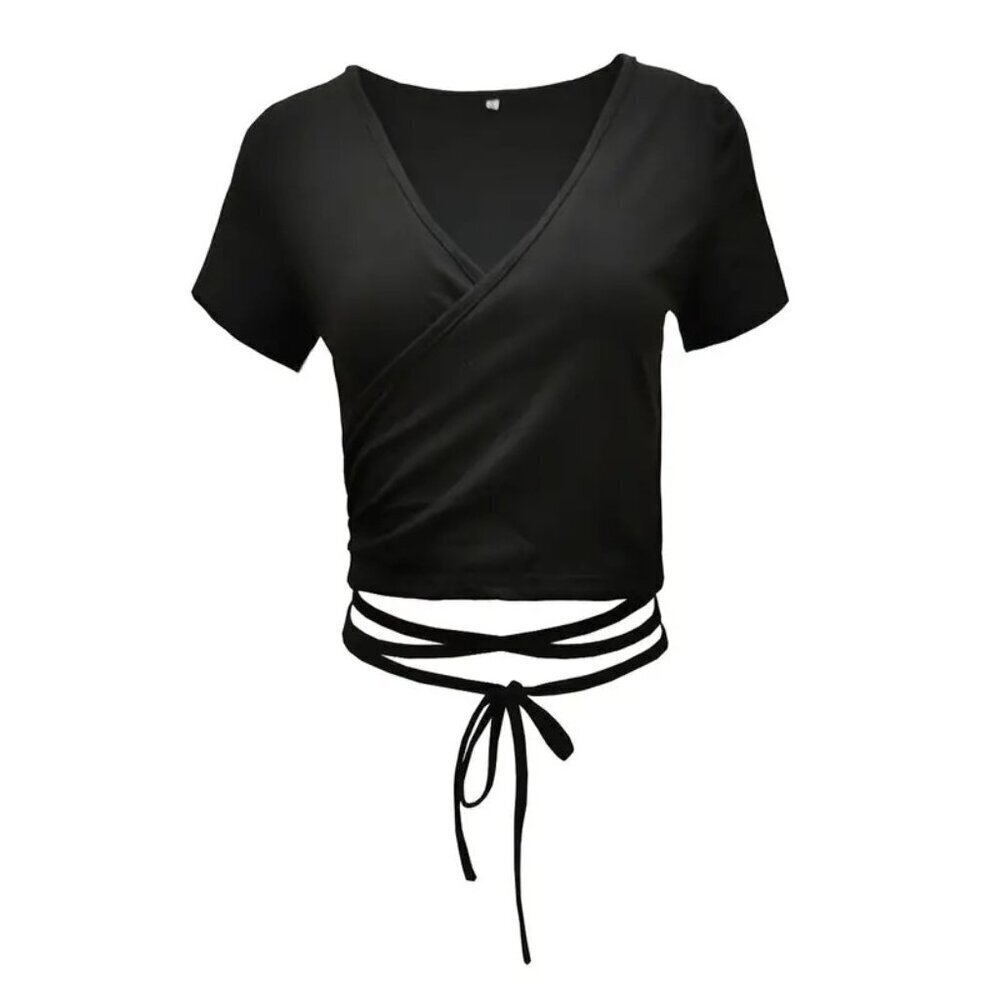 V Neck Short Sleeve Sexy Bandage Stretchy T-shirt - Picture 2 of 4